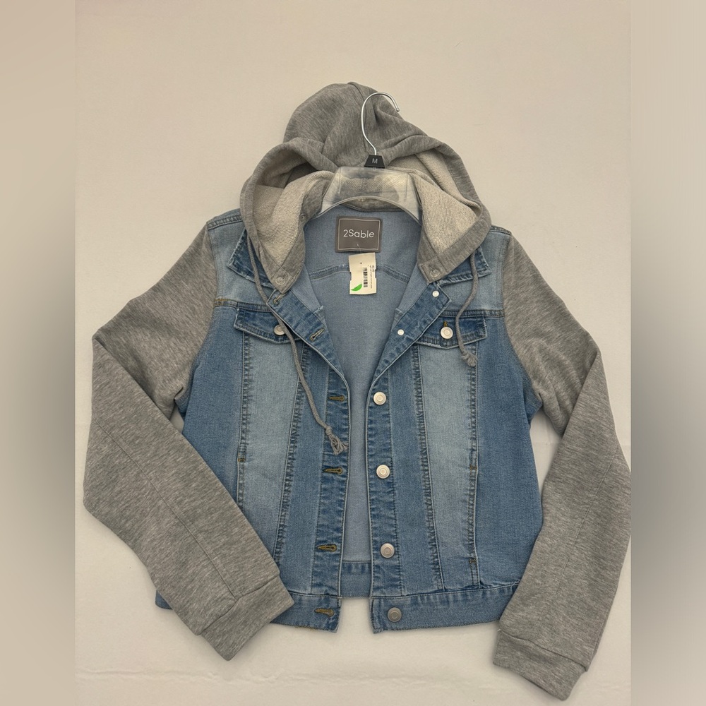 2Sable Denim Jacket with Gray Knit Hood & Sleeves – Size L